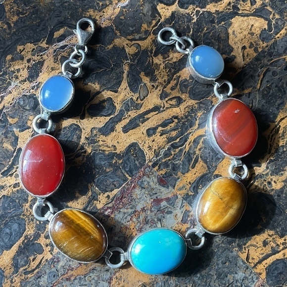 Sterling Silver 925 Turquoise/Tiger Eye/Carnelian/Blue Chalcedony Bracelet - Picture 10 of 11